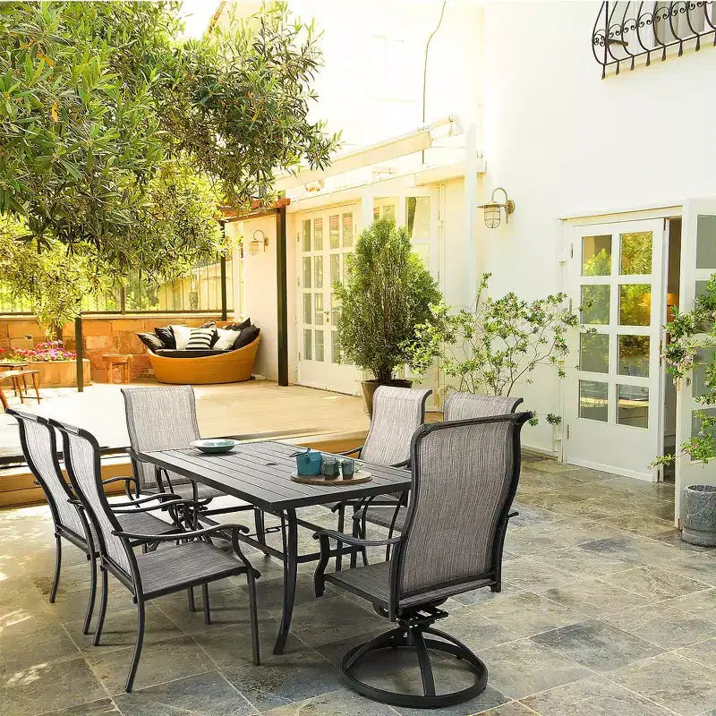 HAPPATIO Ensemble de salle à manger d'extérieur 7 pièces, ensemble de salle à manger de patio, 2 chaises pivotantes, 4 chaises de salle à manger à pieds, ensemble de meubles en textilène pour terrasse, jardin, piscine