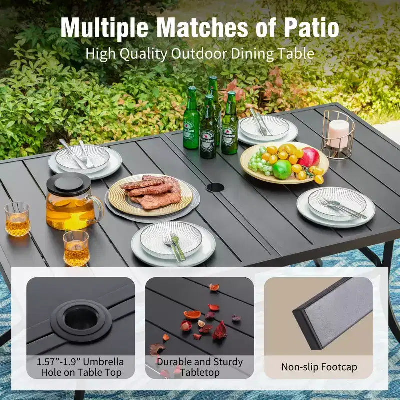 Captiva Designs - Table à manger rectangulaire en acier, 8 places, avec plateau à lattes, chaises en acier noir et parasol beige