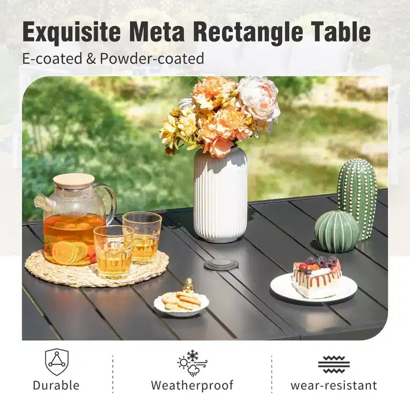 Captiva Designs - Table à manger rectangulaire en acier, 8 places, avec plateau à lattes, chaises en acier noir et parasol beige