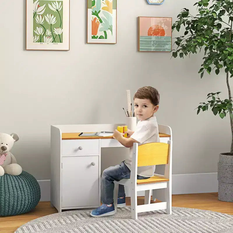 Ensemble table et 2 chaises Whisen pour enfants avec tiroir de rangement, MDF sûr, montage facile, idéal pour les devoirs et les jeux - Blanc