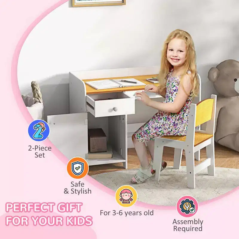 Ensemble table et 2 chaises Whisen pour enfants avec tiroir de rangement, MDF sûr, montage facile, idéal pour les devoirs et les jeux - Blanc