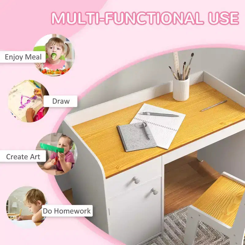 Ensemble table et 2 chaises Whisen pour enfants avec tiroir de rangement, MDF sûr, montage facile, idéal pour les devoirs et les jeux - Blanc