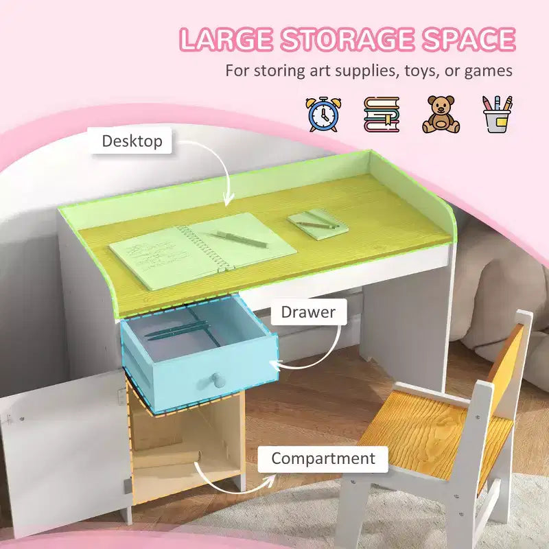 Ensemble table et 2 chaises Whisen pour enfants avec tiroir de rangement, MDF sûr, montage facile, idéal pour les devoirs et les jeux - Blanc
