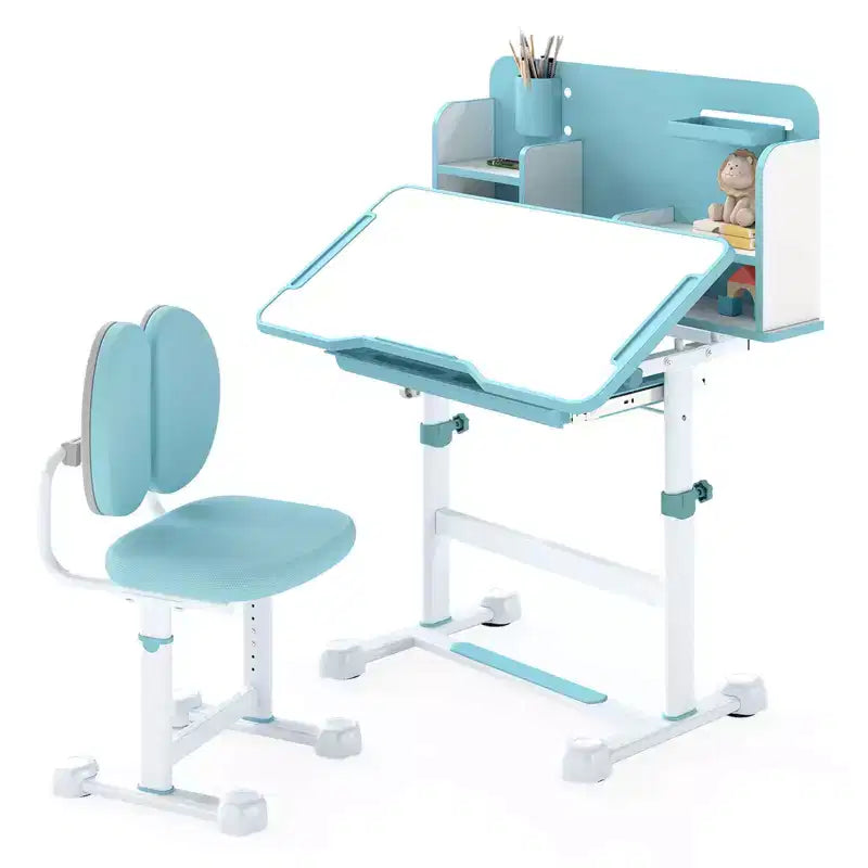 Ensemble bureau et chaise d'étude pour enfants Costway avec plateau inclinable, porte-stylo et plateau, support de lecture bleu/gris