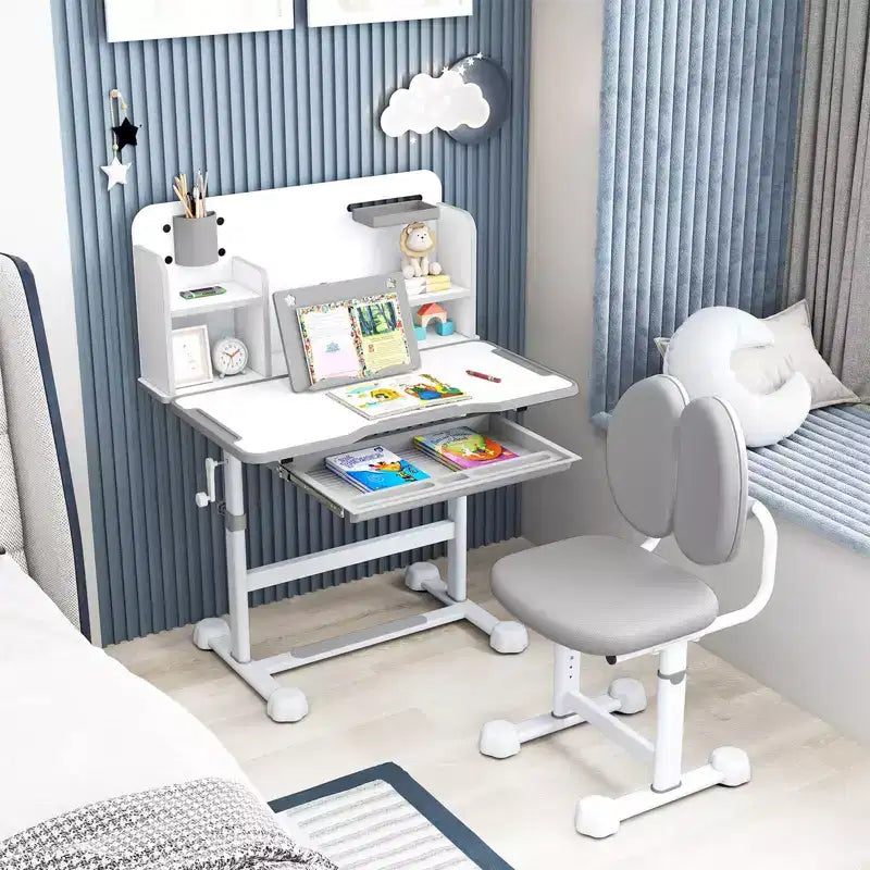 Ensemble bureau et chaise d'étude pour enfants Costway avec plateau inclinable, porte-stylo et plateau, support de lecture bleu/gris