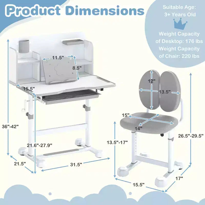 Ensemble bureau et chaise d'étude pour enfants Costway avec plateau inclinable, porte-stylo et plateau, support de lecture bleu/gris