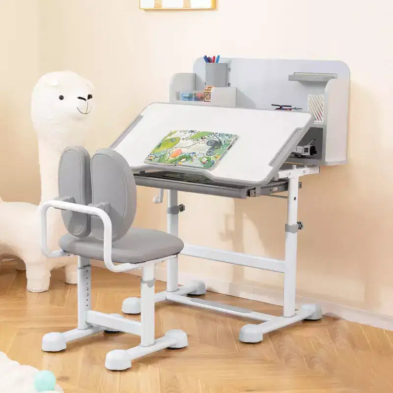 Ensemble bureau et chaise d'étude pour enfants Costway avec plateau inclinable, porte-stylo et plateau, support de lecture bleu/gris