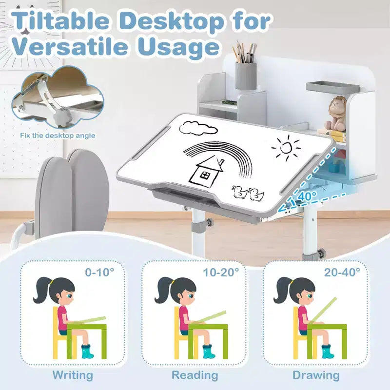 Ensemble bureau et chaise d'étude pour enfants Costway avec plateau inclinable, porte-stylo et plateau, support de lecture bleu/gris