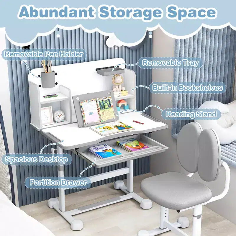 Ensemble bureau et chaise d'étude pour enfants Costway avec plateau inclinable, porte-stylo et plateau, support de lecture bleu/gris