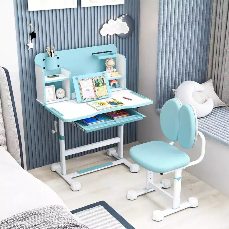 Ensemble bureau et chaise d'étude pour enfants Costway avec plateau inclinable, porte-stylo et plateau, support de lecture bleu/gris