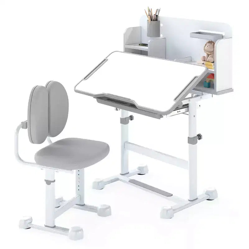Ensemble bureau et chaise d'étude pour enfants Costway avec plateau inclinable, porte-stylo et plateau, support de lecture bleu/gris