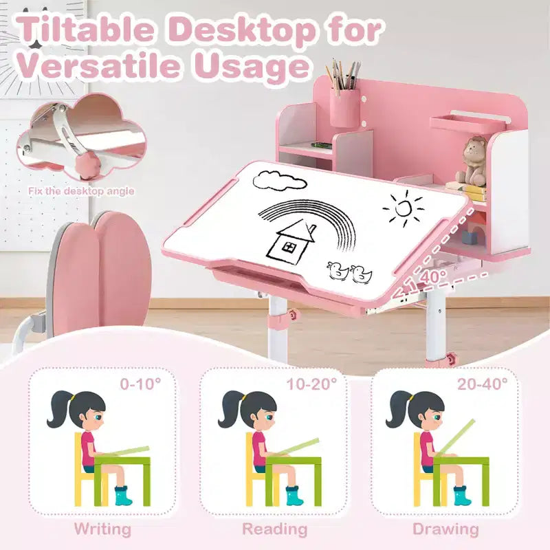 Ensemble bureau et chaise d'étude pour enfants Costway avec plateau inclinable, porte-stylo et plateau, support de lecture bleu/gris