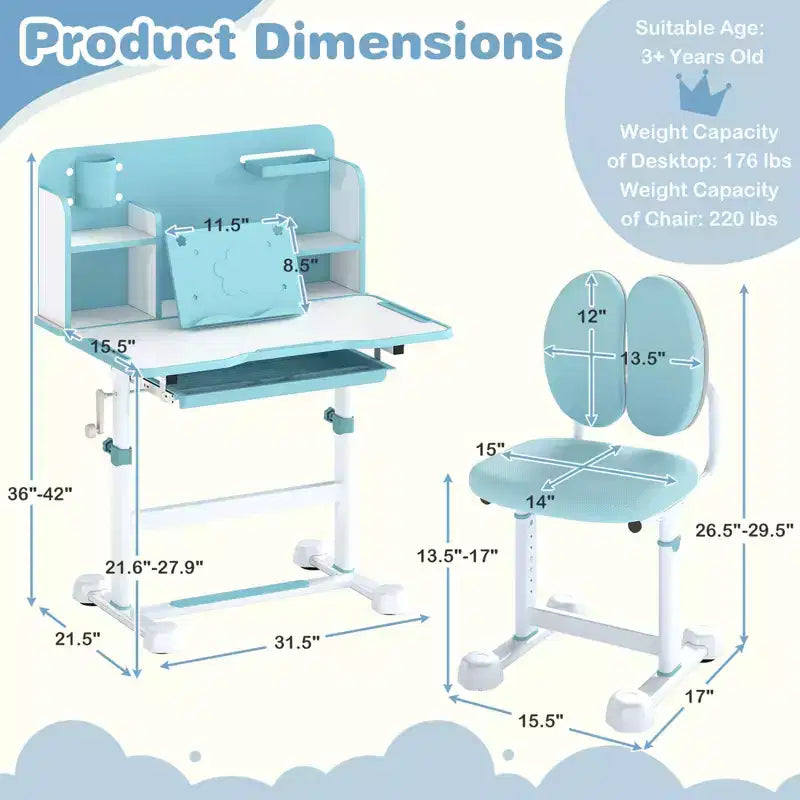 Ensemble bureau et chaise d'étude pour enfants Costway avec plateau inclinable, porte-stylo et plateau, support de lecture bleu/gris