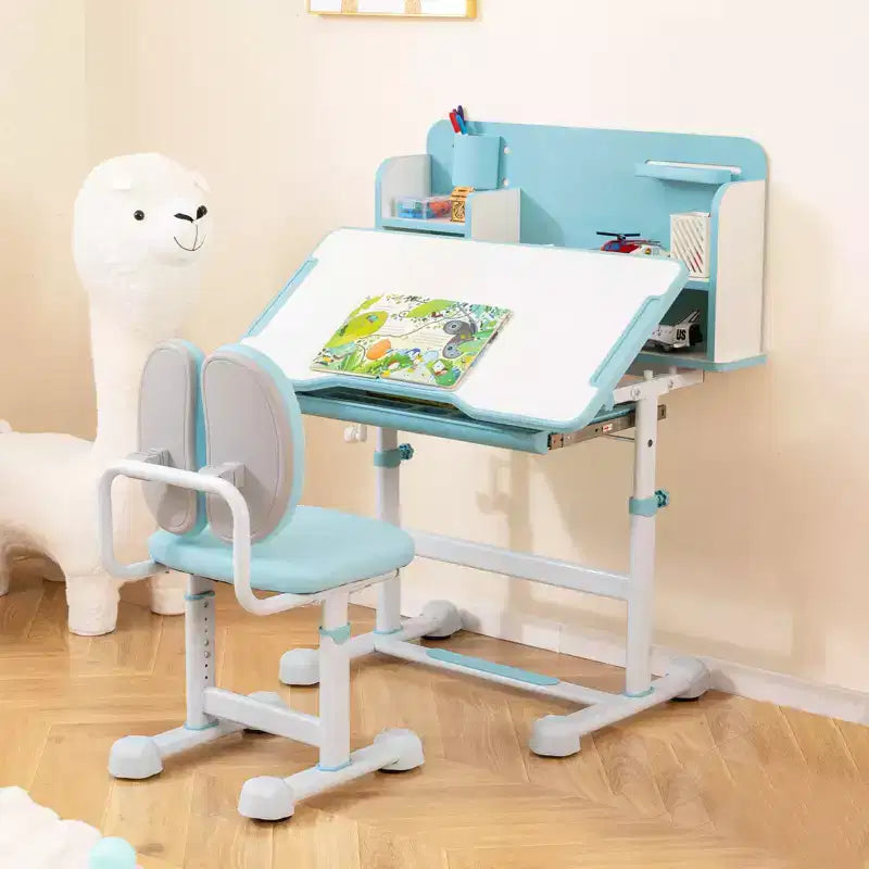Ensemble bureau et chaise d'étude pour enfants Costway avec plateau inclinable, porte-stylo et plateau, support de lecture bleu/gris