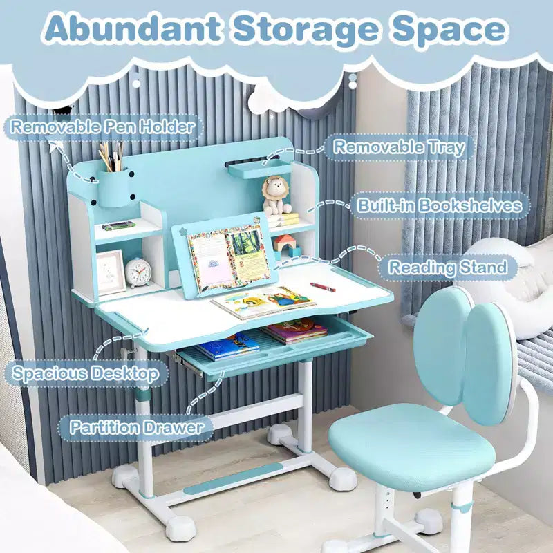 Ensemble bureau et chaise d'étude pour enfants Costway avec plateau inclinable, porte-stylo et plateau, support de lecture bleu/gris