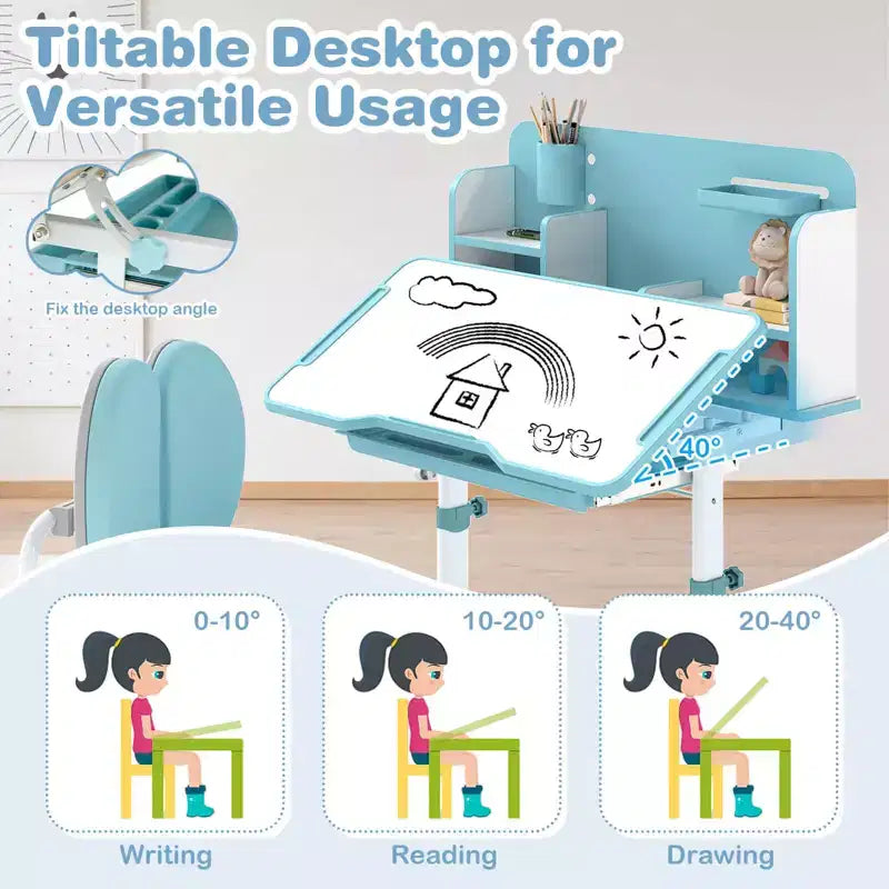 Ensemble bureau et chaise d'étude pour enfants Costway avec plateau inclinable, porte-stylo et plateau, support de lecture bleu/gris