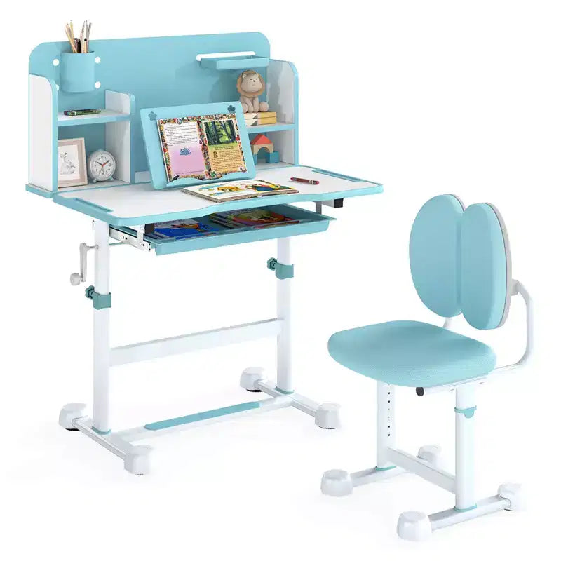 Costway Kids Study Desk & Chair Set with Tilt Desktop, Pen Holder & Tray, Reading Stand Blue/Gray
