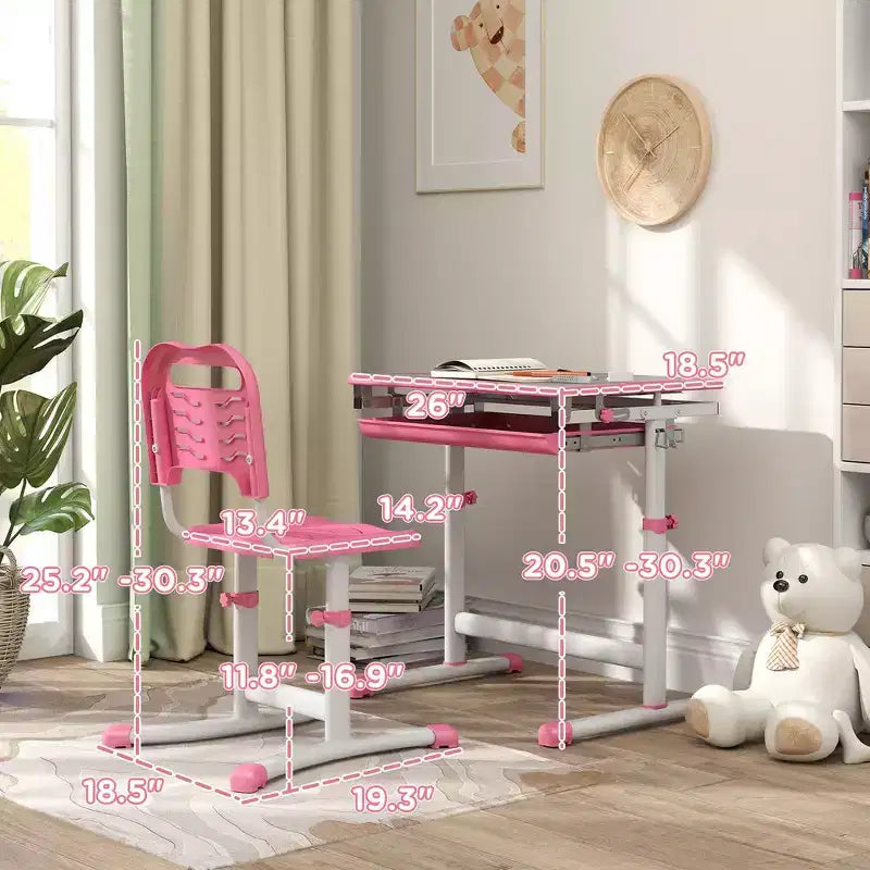 Ensemble de bureau et chaise d'étude Whisen pour enfants, réglable en hauteur, avec construction en MDF - Rose