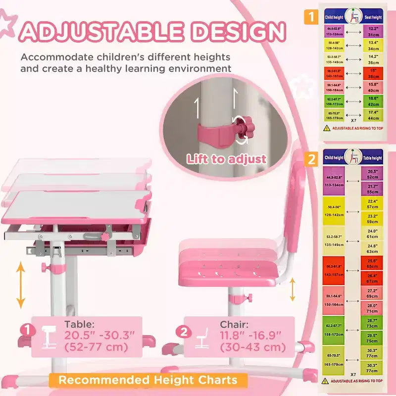 Ensemble de bureau et chaise d'étude Whisen pour enfants, réglable en hauteur, avec construction en MDF - Rose