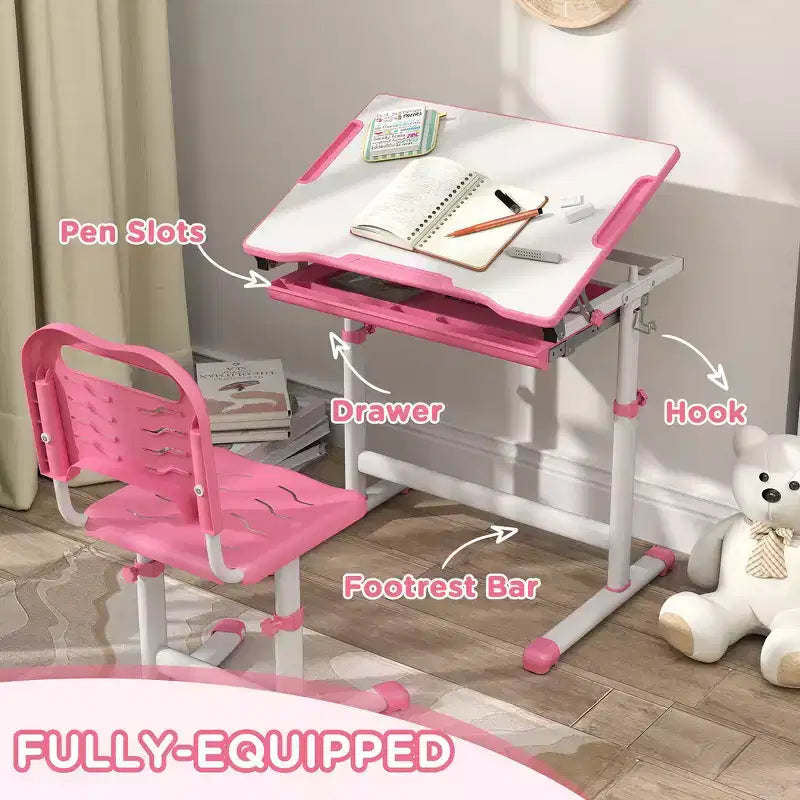 Ensemble de bureau et chaise d'étude Whisen pour enfants, réglable en hauteur, avec construction en MDF - Rose