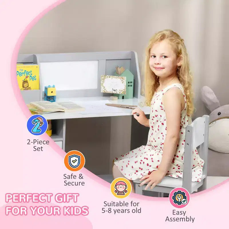 Ensemble bureau et chaise Whisen pour enfants et tout-petits, bureau d'étude pour enfants, mobilier pour enfants avec tableau blanc - Gris
