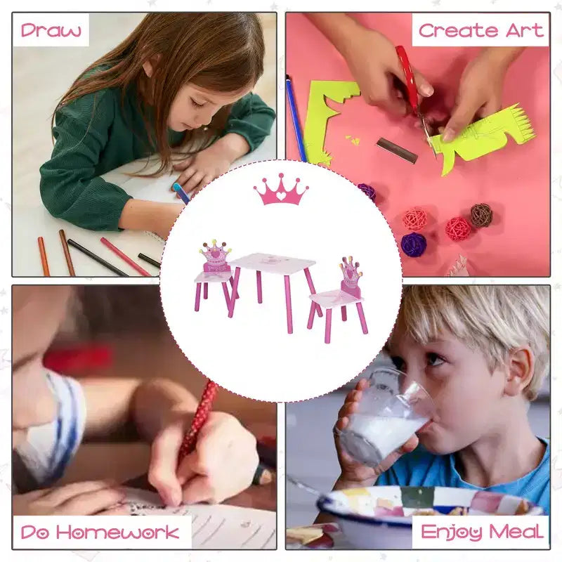Ensemble table et chaises Whisen Kids, ensemble de bureau pour tout-petits avec table en MDF et pin, conception sécurisée avec bords arrondis – Rose