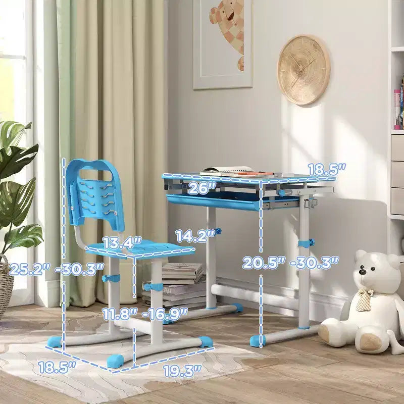 Ensemble bureau et chaises réglables pour enfants Whisen, ensemble ergonomique table et chaise avec tiroir de rangement - Bleu