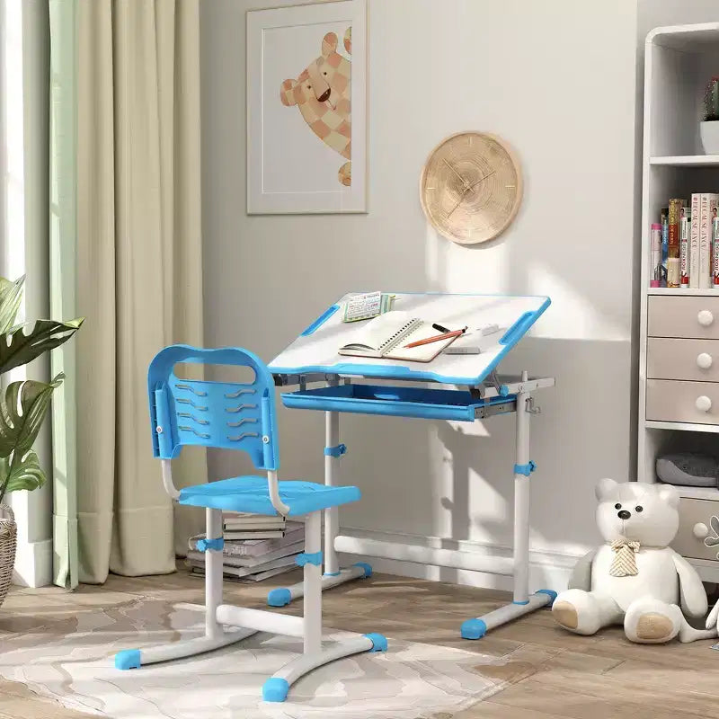 Ensemble bureau et chaises réglables pour enfants Whisen, ensemble ergonomique table et chaise avec tiroir de rangement - Bleu