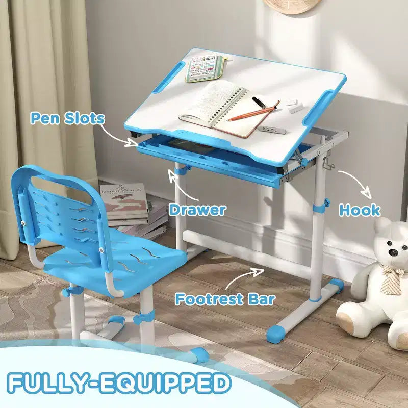 Ensemble bureau et chaises réglables pour enfants Whisen, ensemble ergonomique table et chaise avec tiroir de rangement - Bleu