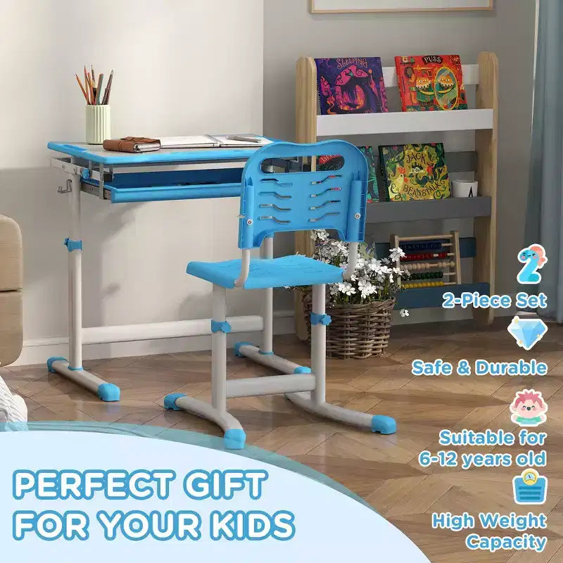 Ensemble bureau et chaises réglables pour enfants Whisen, ensemble ergonomique table et chaise avec tiroir de rangement - Bleu