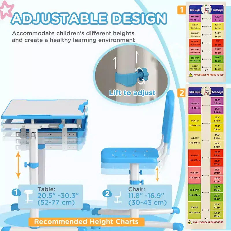 Ensemble bureau et chaises réglables pour enfants Whisen, ensemble ergonomique table et chaise avec tiroir de rangement - Bleu
