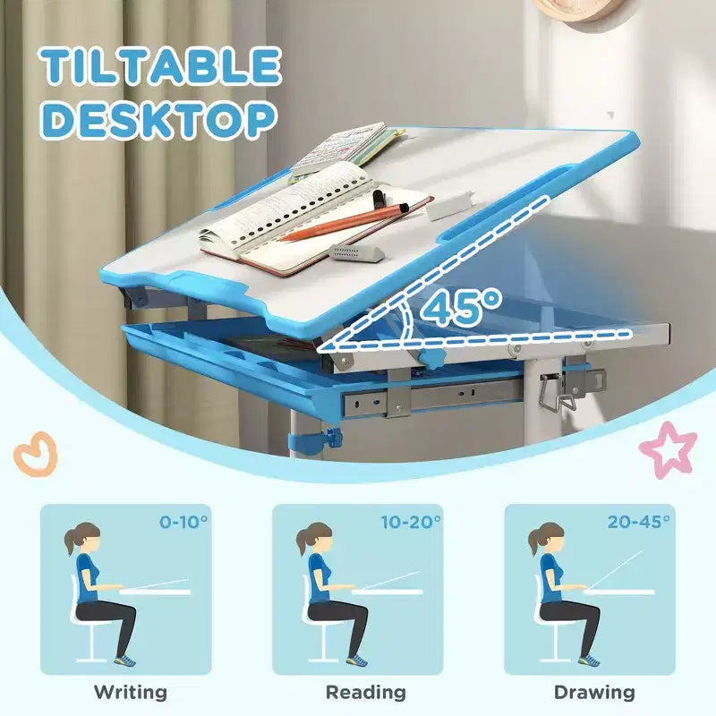 Ensemble bureau et chaises réglables pour enfants Whisen, ensemble ergonomique table et chaise avec tiroir de rangement - Bleu