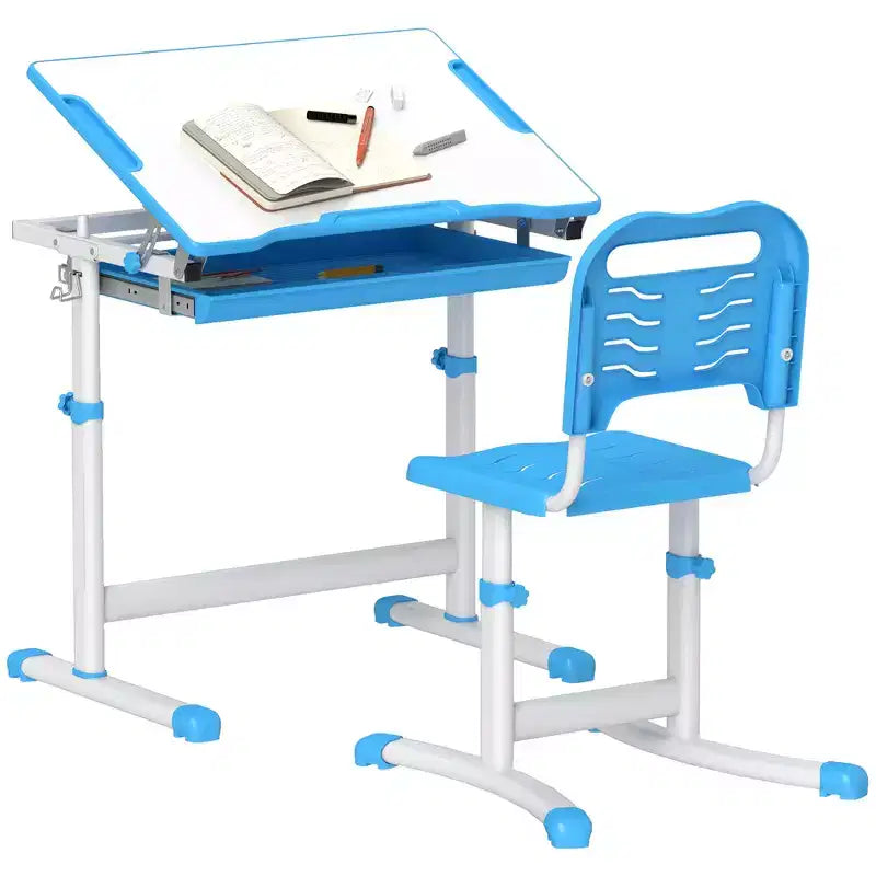 Ensemble bureau et chaises réglables pour enfants Whisen, ensemble ergonomique table et chaise avec tiroir de rangement - Bleu