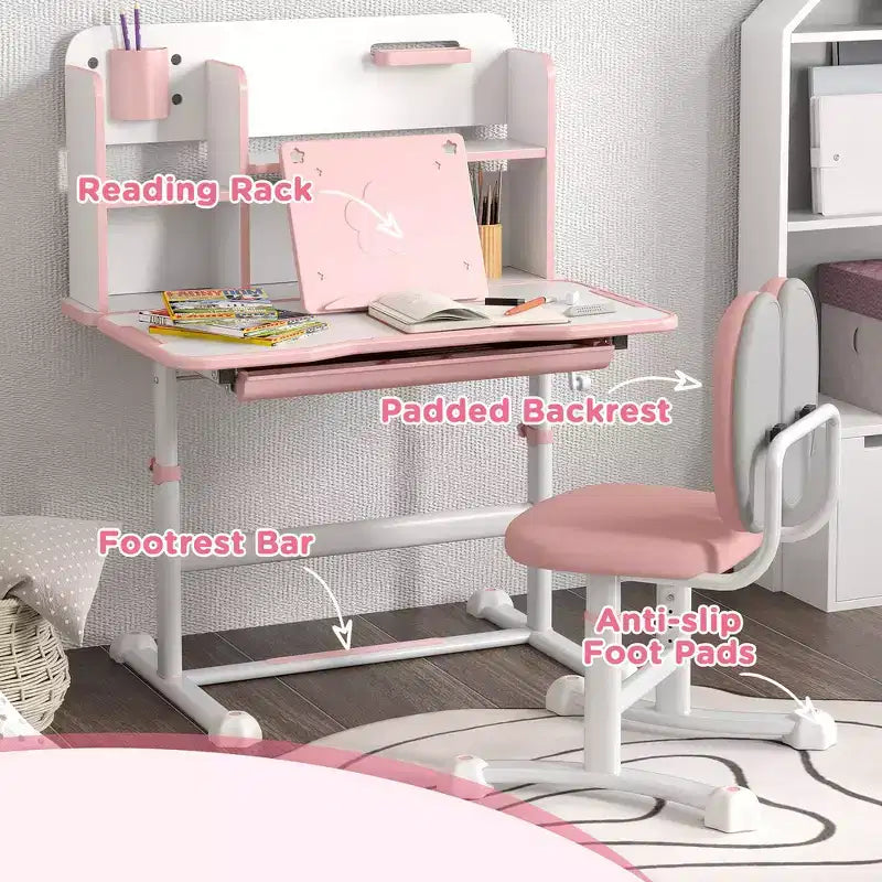 Bureau et chaise d'étude ergonomiques réglables pour enfants Whisen Kids Desk Set avec plateau inclinable - Rose