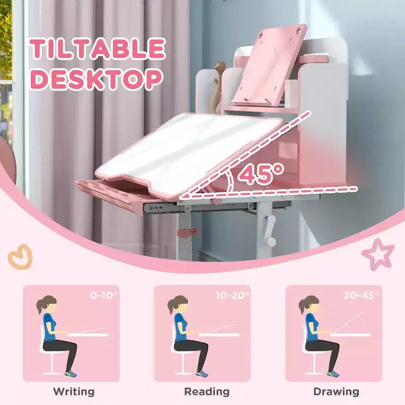 Bureau et chaise d'étude ergonomiques réglables pour enfants Whisen Kids Desk Set avec plateau inclinable - Rose