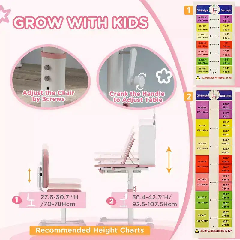 Bureau et chaise d'étude ergonomiques réglables pour enfants Whisen Kids Desk Set avec plateau inclinable - Rose