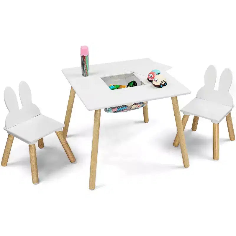 JOYMOR 3-in-1 Kids Table & 2 Chairs Set with White Bunny Ear Chairs, Removable Top & Storage for Ages 2-5