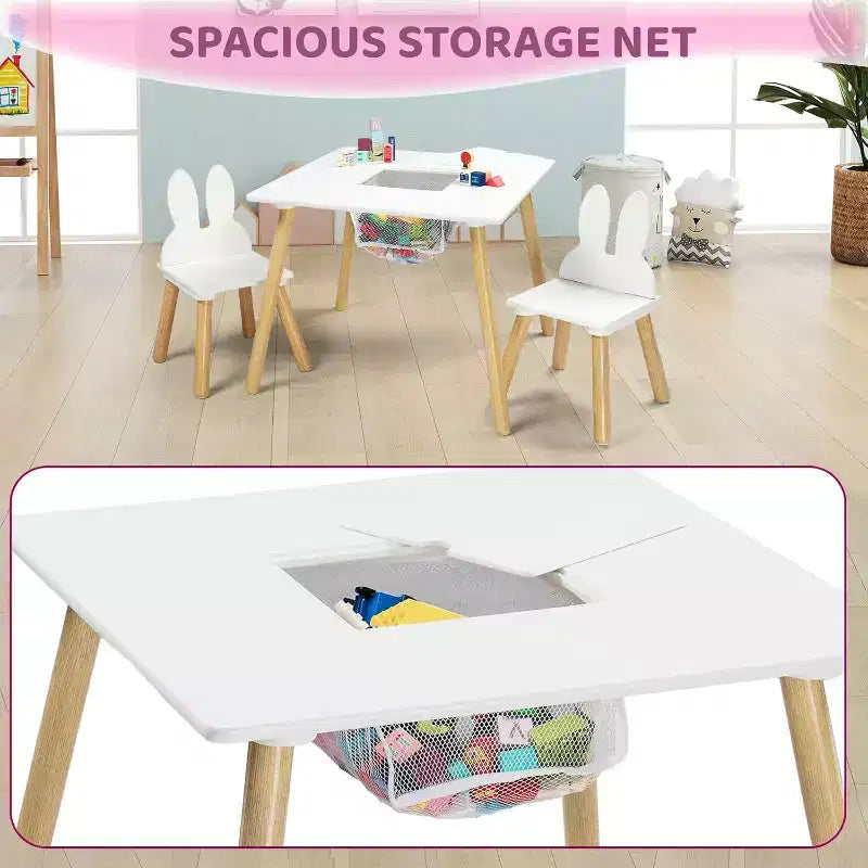 JOYMOR Ensemble Table et 2 Chaises 3-en-1 pour Enfants avec Chaises Oreilles de Lapin Blanches, Plateau Amovible et Rangement pour les 2-5 Ans
