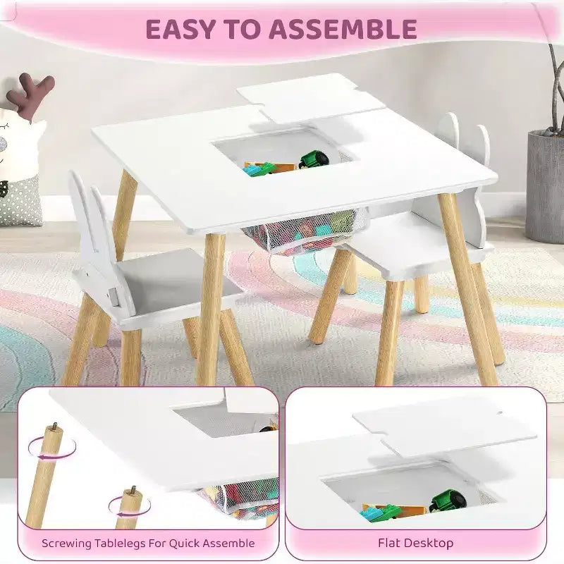 JOYMOR Ensemble Table et 2 Chaises 3-en-1 pour Enfants avec Chaises Oreilles de Lapin Blanches, Plateau Amovible et Rangement pour les 2-5 Ans
