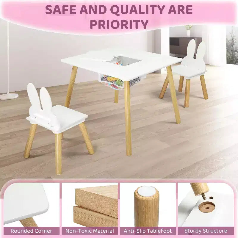 JOYMOR Ensemble Table et 2 Chaises 3-en-1 pour Enfants avec Chaises Oreilles de Lapin Blanches, Plateau Amovible et Rangement pour les 2-5 Ans