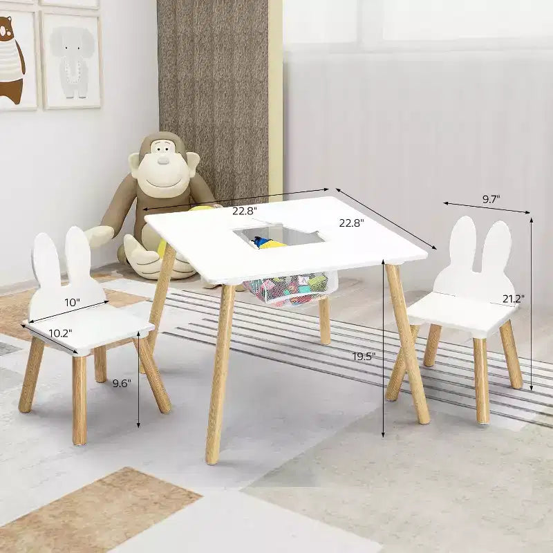 JOYMOR Ensemble Table et 2 Chaises 3-en-1 pour Enfants avec Chaises Oreilles de Lapin Blanches, Plateau Amovible et Rangement pour les 2-5 Ans