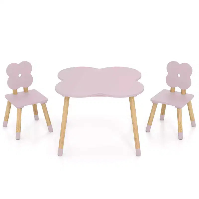 Ensemble table et 2 chaises pour enfants Costway en forme de fleur, pieds en bois de pin massif, rose/blanc
