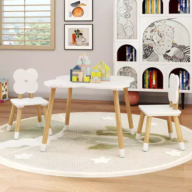 Ensemble table et 2 chaises pour enfants Costway en forme de fleur, pieds en bois de pin massif, rose/blanc