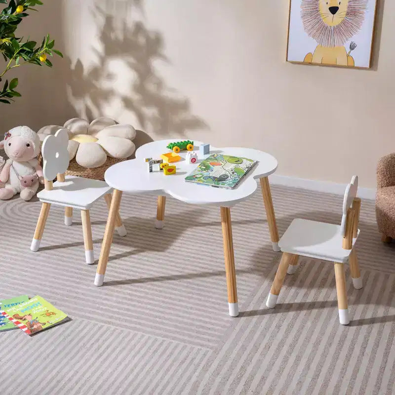 Ensemble table et 2 chaises pour enfants Costway en forme de fleur, pieds en bois de pin massif, rose/blanc