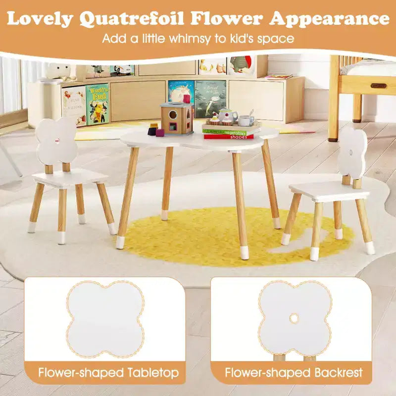 Ensemble table et 2 chaises pour enfants Costway en forme de fleur, pieds en bois de pin massif, rose/blanc