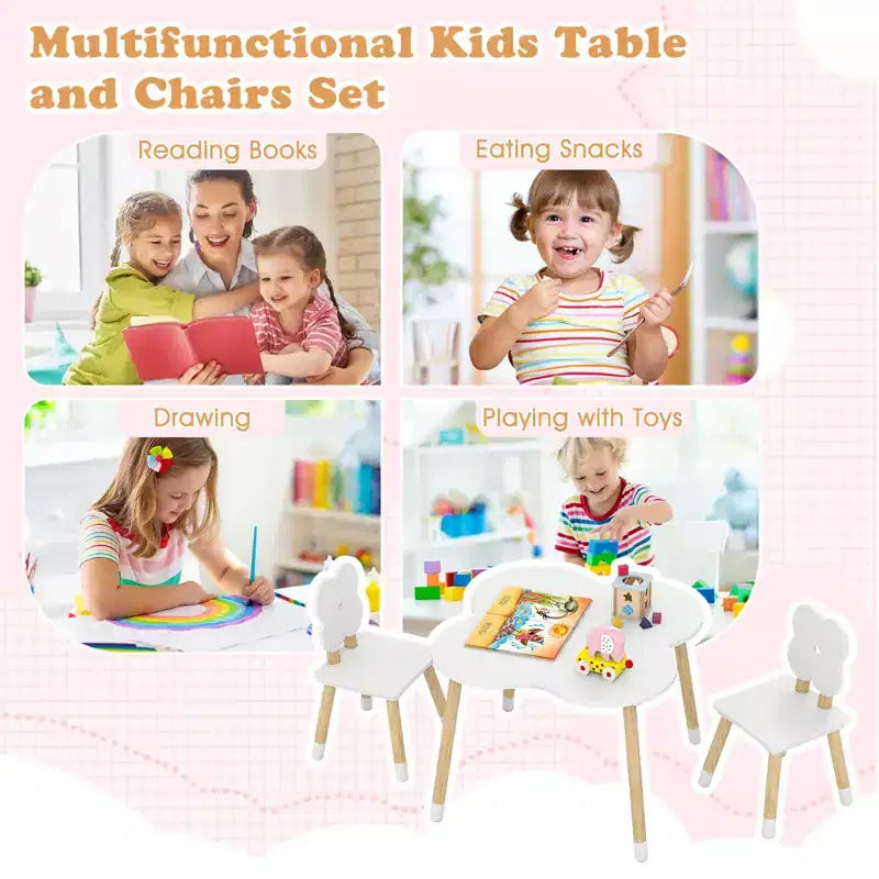 Ensemble table et 2 chaises pour enfants Costway en forme de fleur, pieds en bois de pin massif, rose/blanc