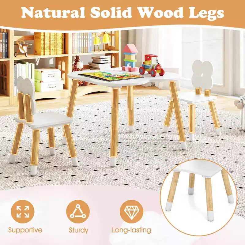 Ensemble table et 2 chaises pour enfants Costway en forme de fleur, pieds en bois de pin massif, rose/blanc