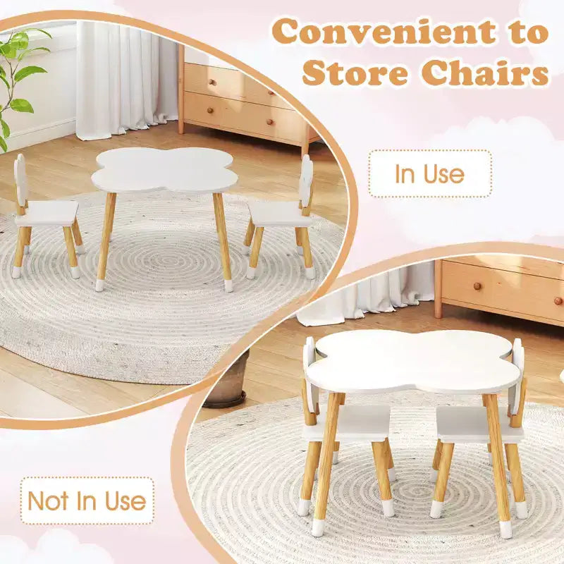 Ensemble table et 2 chaises pour enfants Costway en forme de fleur, pieds en bois de pin massif, rose/blanc