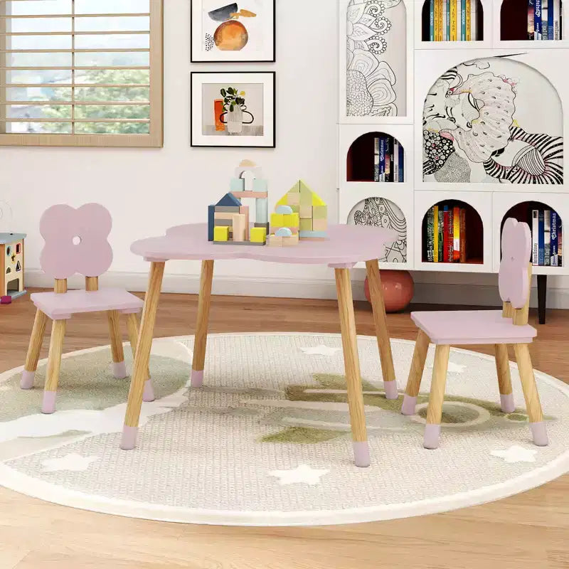 Ensemble table et 2 chaises pour enfants Costway en forme de fleur, pieds en bois de pin massif, rose/blanc