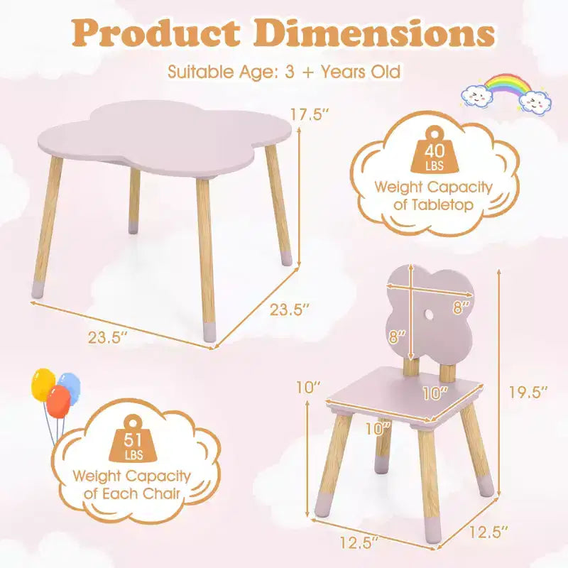 Ensemble table et 2 chaises pour enfants Costway en forme de fleur, pieds en bois de pin massif, rose/blanc